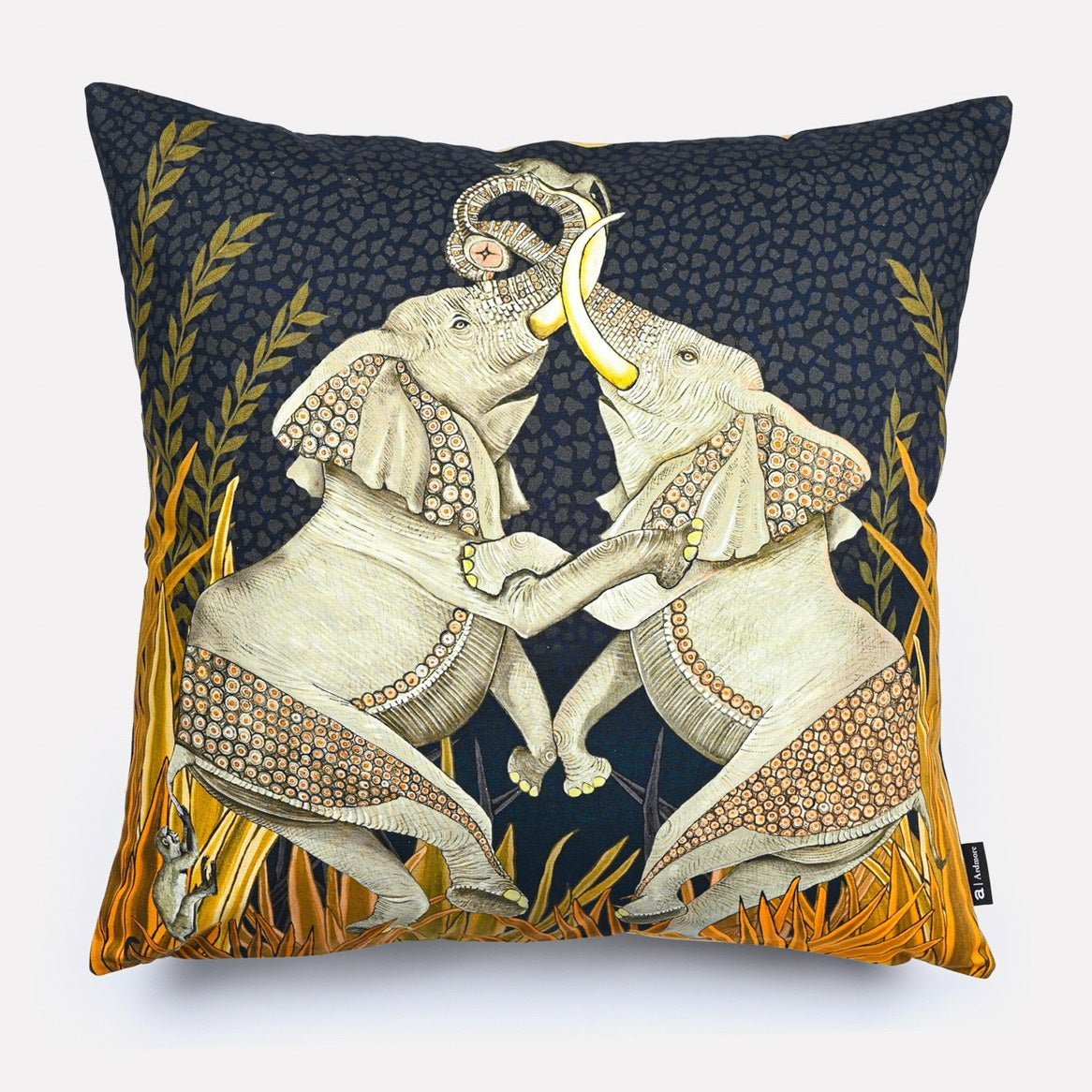 50x50cm Dancing Elephant Moonlight cotton cushion cover, featuring two intricately designed elephants dancing under a moonlit sky on a dark navy background with golden accents.