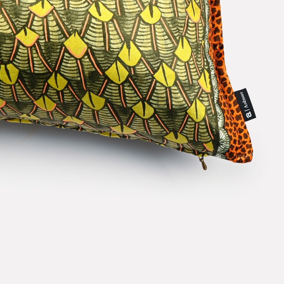 Close-up detail of the Feather River Green Velvet Cushion Cover showing the fine craftsmanship of the River Chase print on soft velvet.