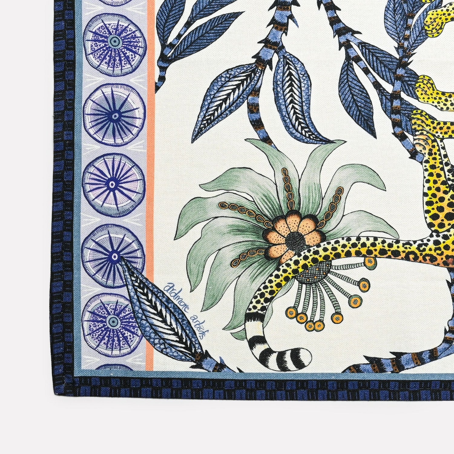 A zoomed-in section highlighting the delicate floral illustrations intertwined with the lovebird-leopard pattern, showcasing the towel's rich artistic detail.