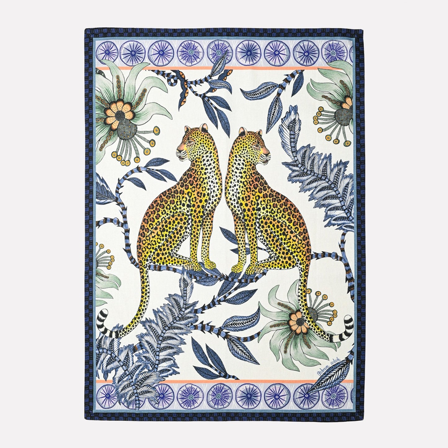 A beautifully crafted tea towel featuring two golden lovebirds with leopard spots, perched among lush floral motifs, framed by an intricate blue border.