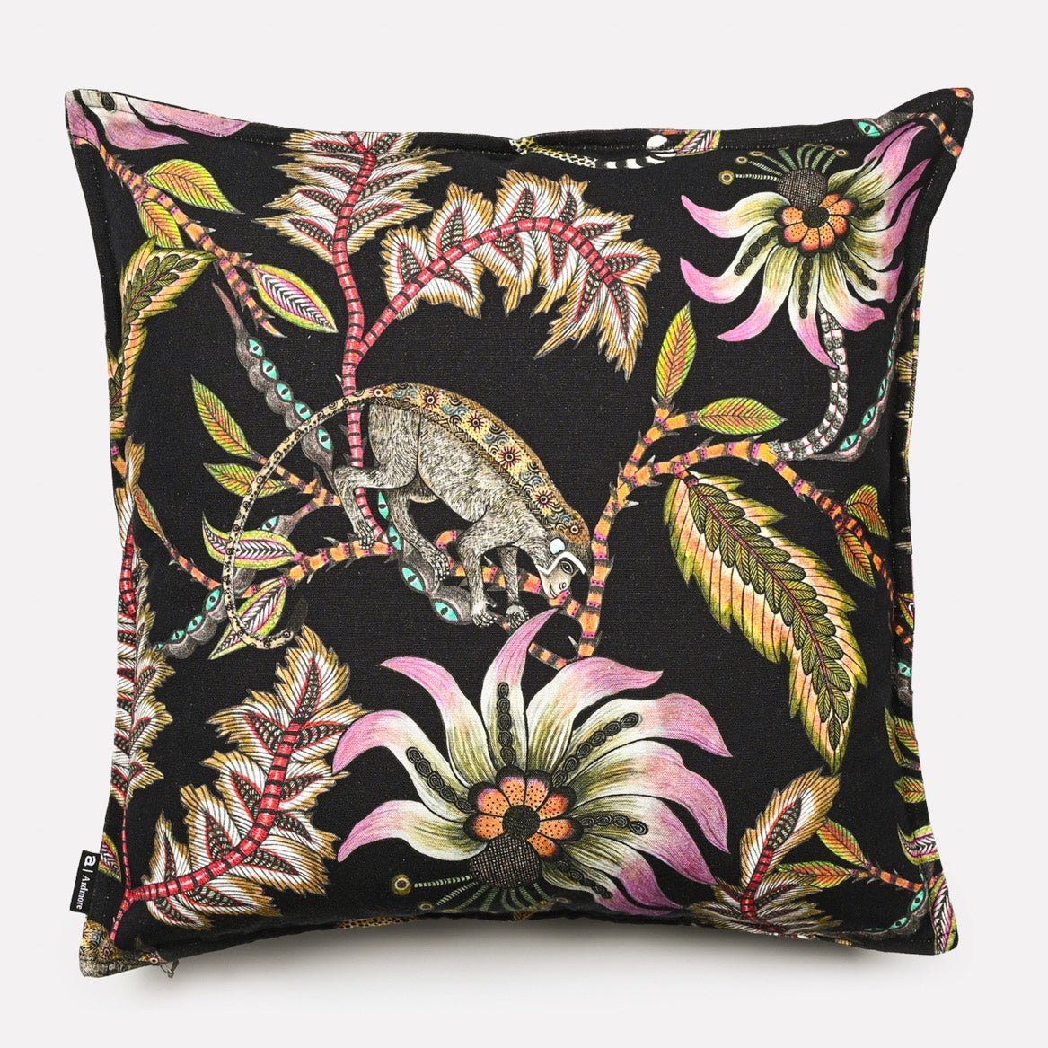 A slightly zoomed-out version of the same design, showcasing the rich colours and full artistic pattern against the black linen fabric.