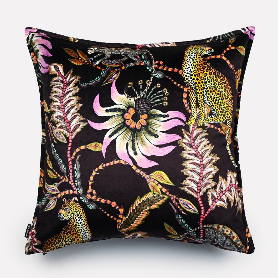 Angled view of the Monkey Bean Night Cushion Cover, emphasising the vibrant floral patterns and luxurious velvet texture.