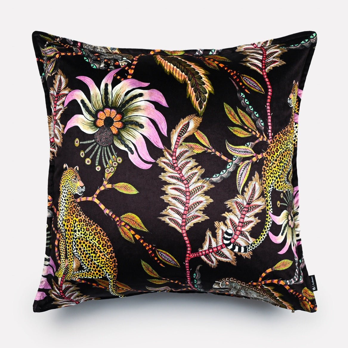 Monkey Bean Night Cushion Cover featuring an elegant double-sided print on dark velvet, highlighted by a botanical and wildlife-inspired design.