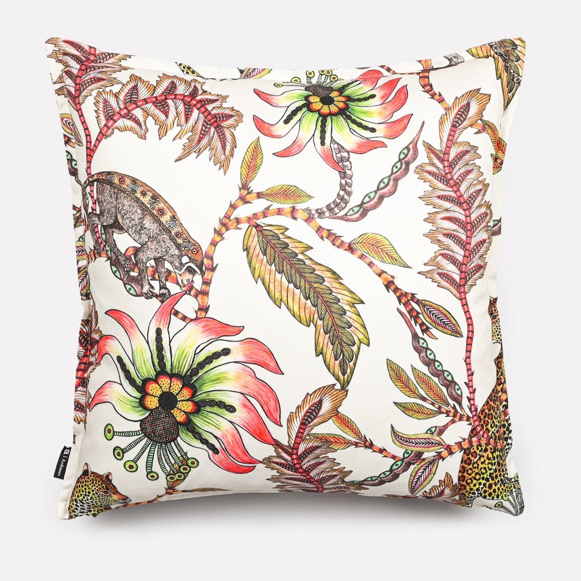 Front view of the Monkey Bean Parakeet cushion cover, showcasing a symmetrical design of tropical plants and wildlife in bright and warm tones.