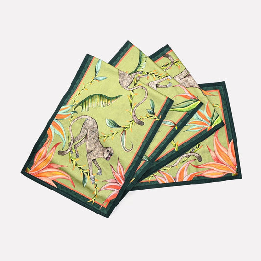 A set of Ardmore's Monkey Paradise Runners in a soft Delta colour, featuring intricate artwork of leopards, jackals, and lush greenery.