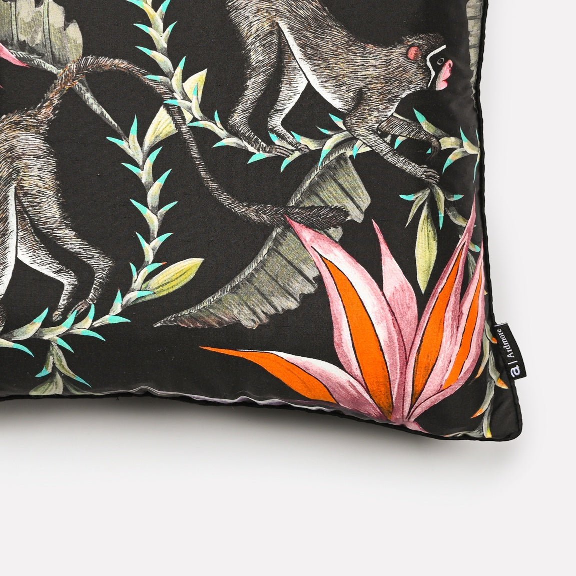 Close-up detail of the Monkey Paradise Night Silk Cushion Cover showcasing the intricate tropical design and monkey motifs.