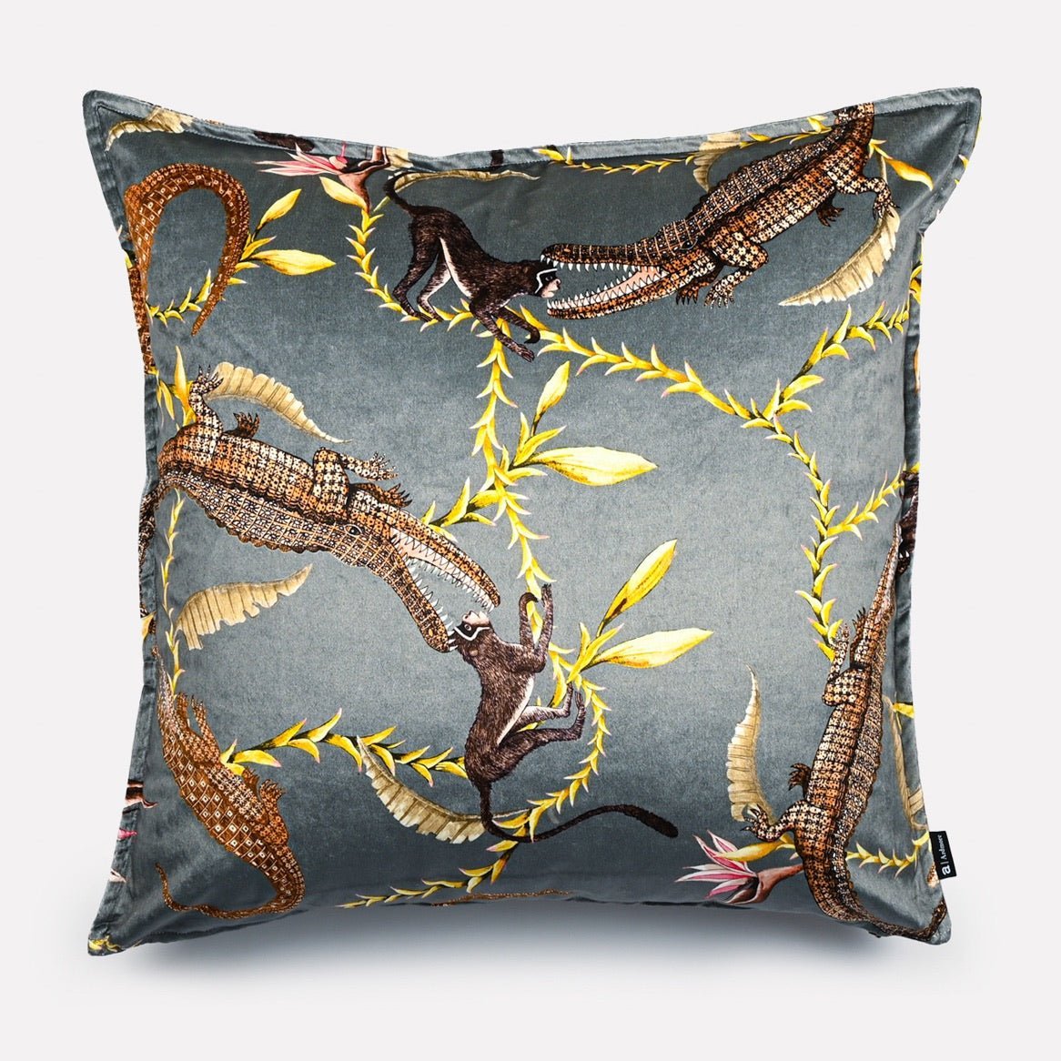 Front view of the River Chase Silver Ripple Velvet Cushion Cover featuring an elegant alligator-inspired design on a silver-grey velvet background.