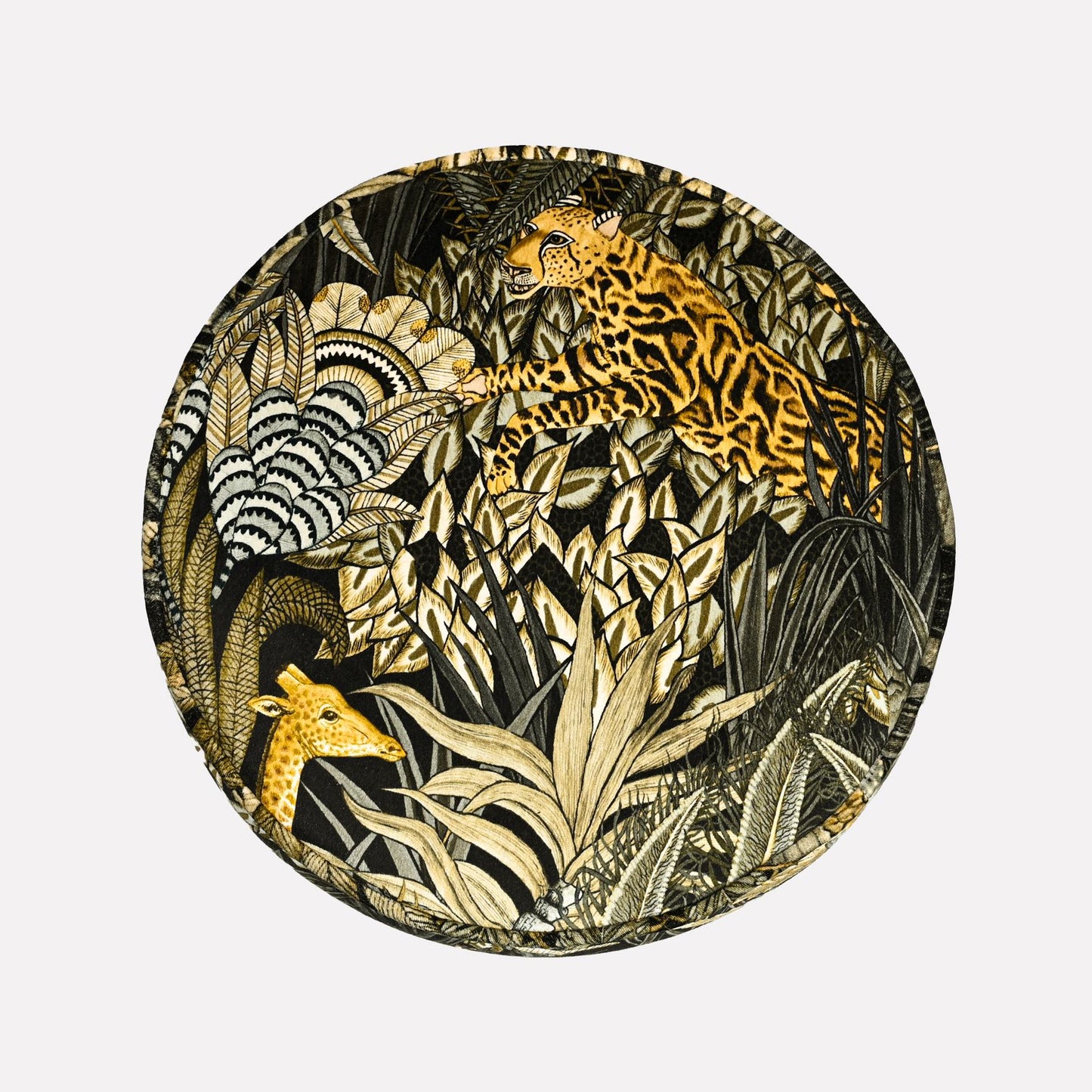 Top-down view of the Ardmore Sabie Forest Moonlight Pouffe, displaying its detailed jungle-inspired artwork in a rich black and gold color palette, exuding sophistication and mystery.