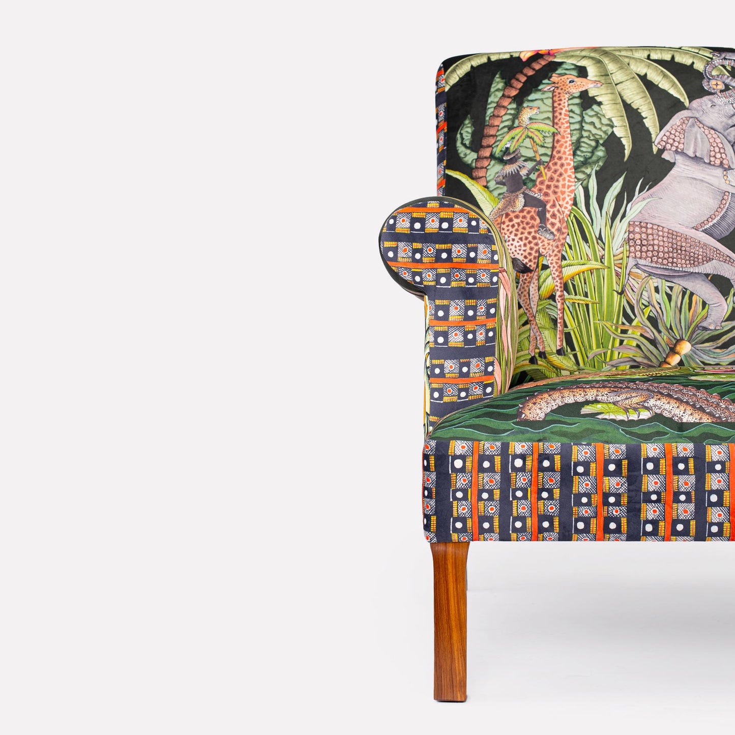 Wooden leg close-up, showcasing the polished mahogany finish that complements the bold upholstery.