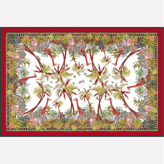 A rectangular tablecloth with a striking royal-themed print, featuring vibrant red and green tropical foliage, birds, and intricate symmetrical patterns framed by a bold red border.