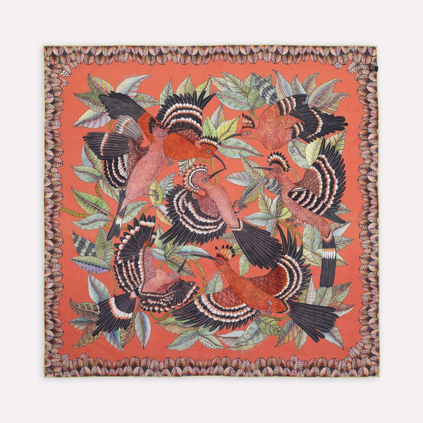 Hoopoe Hop Silk Scarf Rust 90 (Double face)