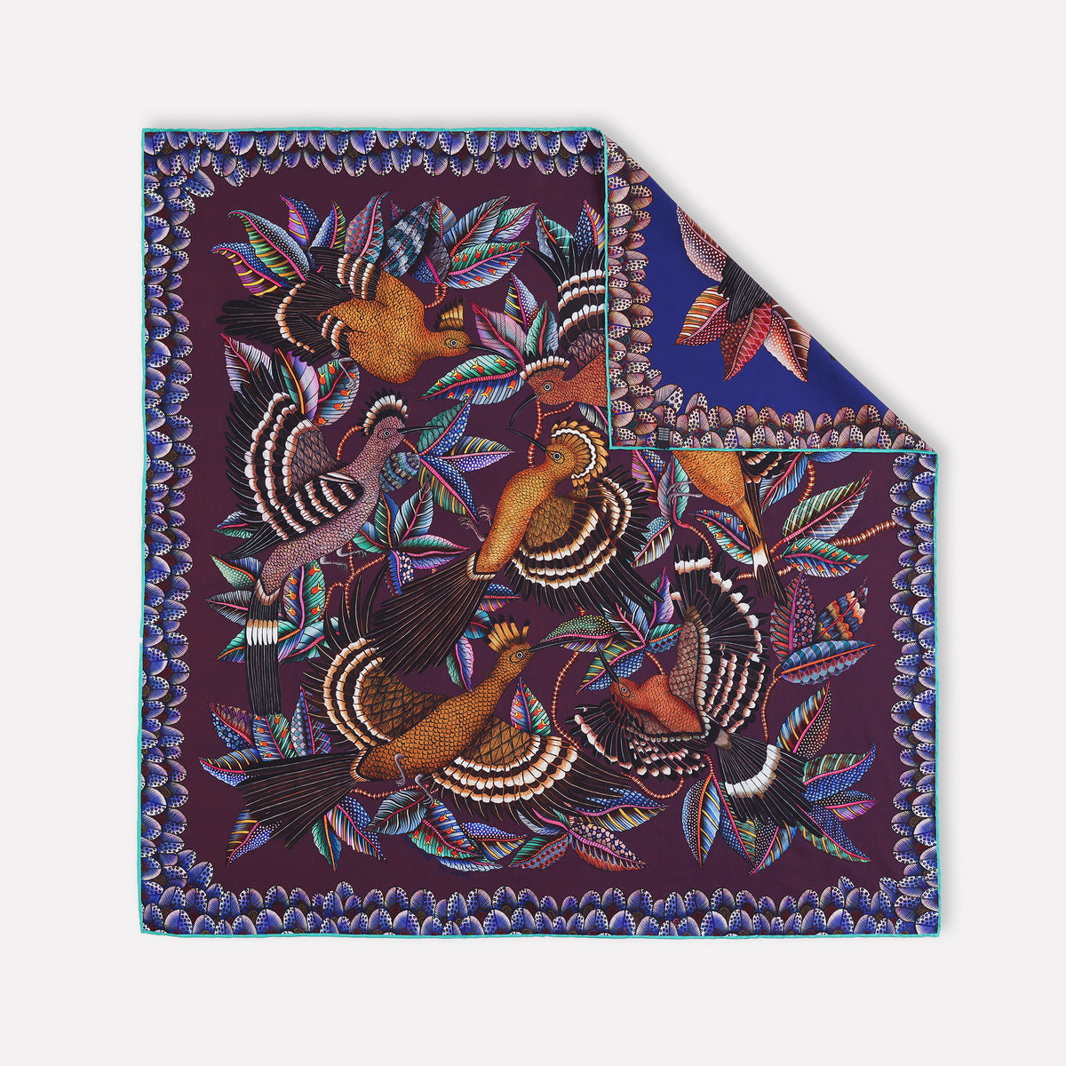 Hoopoe Hop Silk Scarf Royal Plum 90 (Double face)