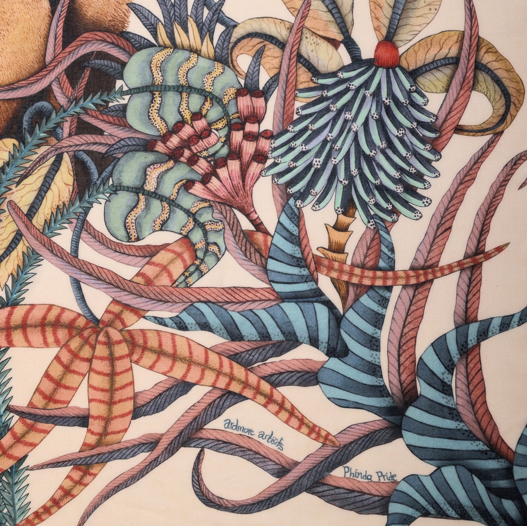 A zoomed-in view of the vibrant flora patterns, showcasing the fine textile print with delicate shading and intricate linework.