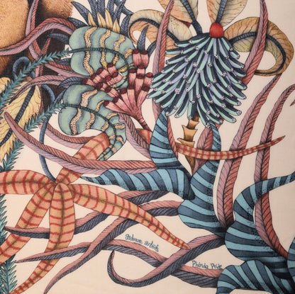 A zoomed-in view of the vibrant flora patterns, showcasing the fine textile print with delicate shading and intricate linework.