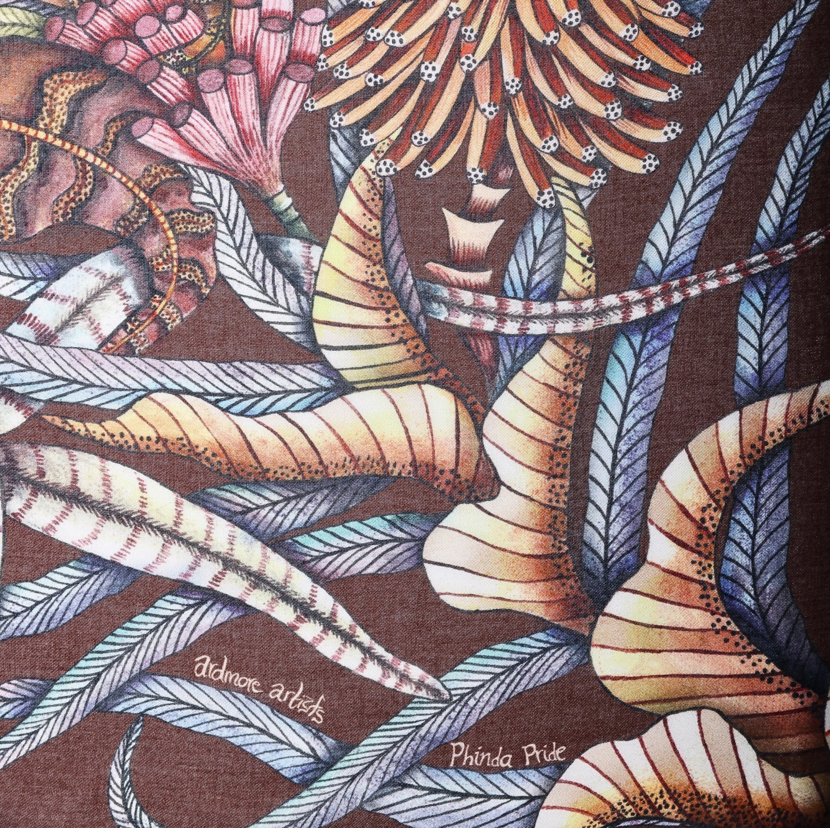  A zoomed-in view emphasizing the fine details of the scarf’s weave, showcasing the depth and texture of the print.
