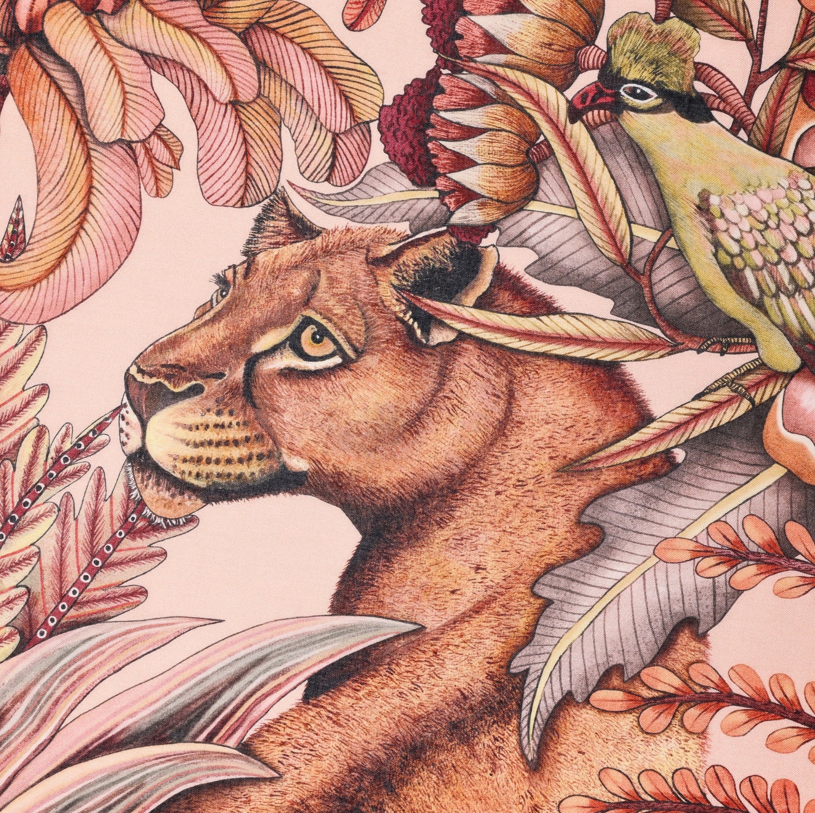 A focused section showcasing the fierce yet graceful expression of a lioness, framed by flowing botanical patterns.