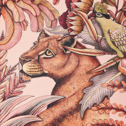 A focused section showcasing the fierce yet graceful expression of a lioness, framed by flowing botanical patterns.