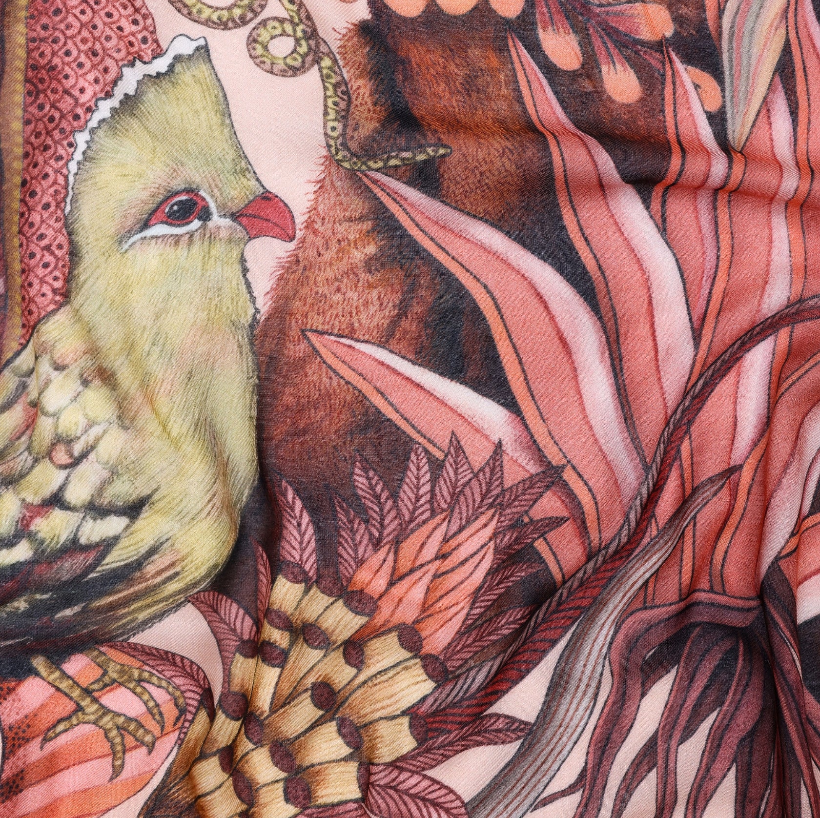 A detailed section highlighting a perched turaco bird with delicate feather detailing, blending seamlessly into the surrounding flora.