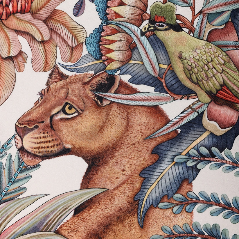  A focused section showing a majestic lioness’s face surrounded by detailed protea flowers and entwined vines.