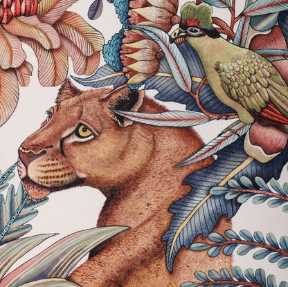  A focused section showing a majestic lioness’s face surrounded by detailed protea flowers and entwined vines.