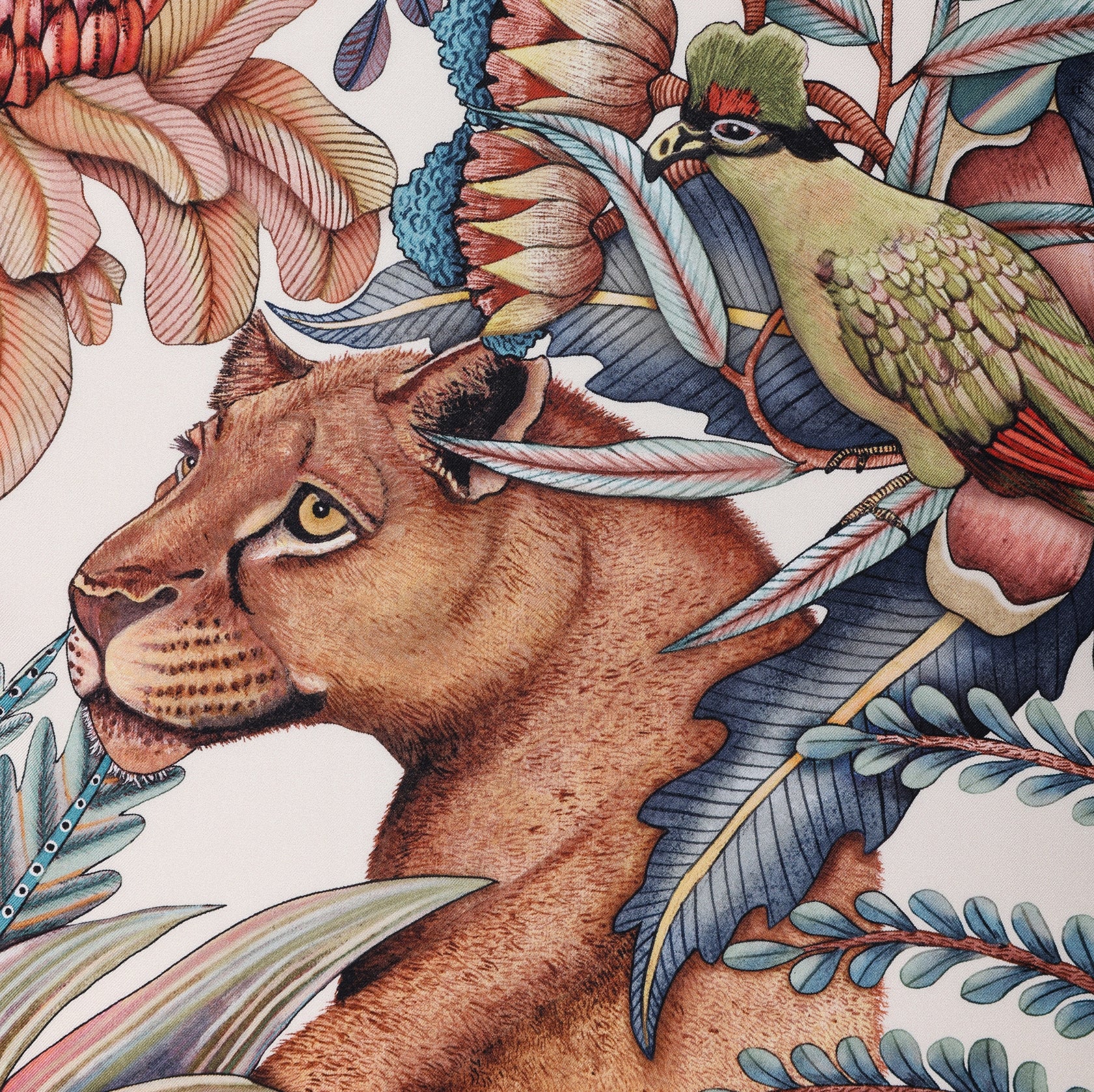  A zoomed-in section capturing the face of a lioness, highlighting the artistic details and realistic shading.