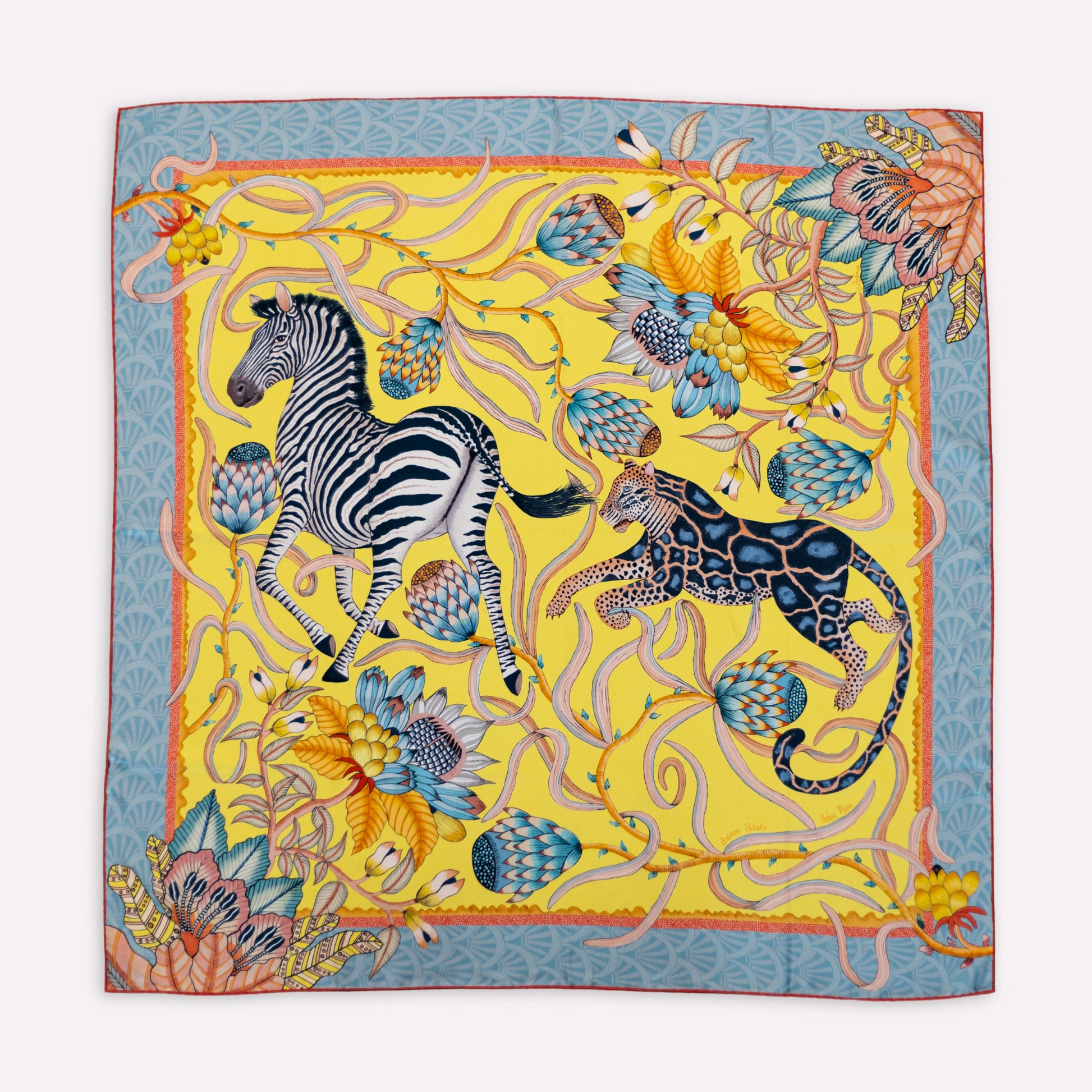 A detailed segment featuring a zebra grazing amid delicate protea flowers, showcasing the artistry and pattern precision.