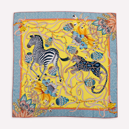 A detailed segment featuring a zebra grazing amid delicate protea flowers, showcasing the artistry and pattern precision.