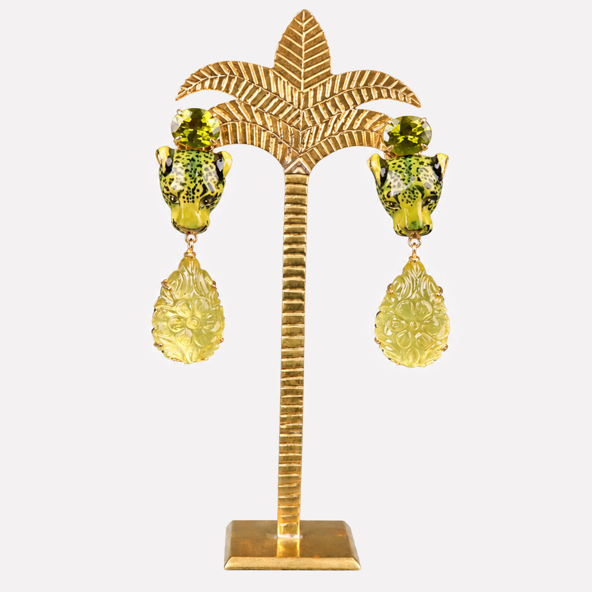 Leopard Green Peridot and Carved Lemon Quartz Earrings