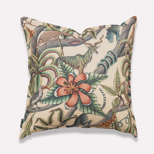Front view of the Pangolin Park Chalk Outdoor Cushion Cover, showcasing an elegant design of pangolins and vibrant flora on a soft chalk background.