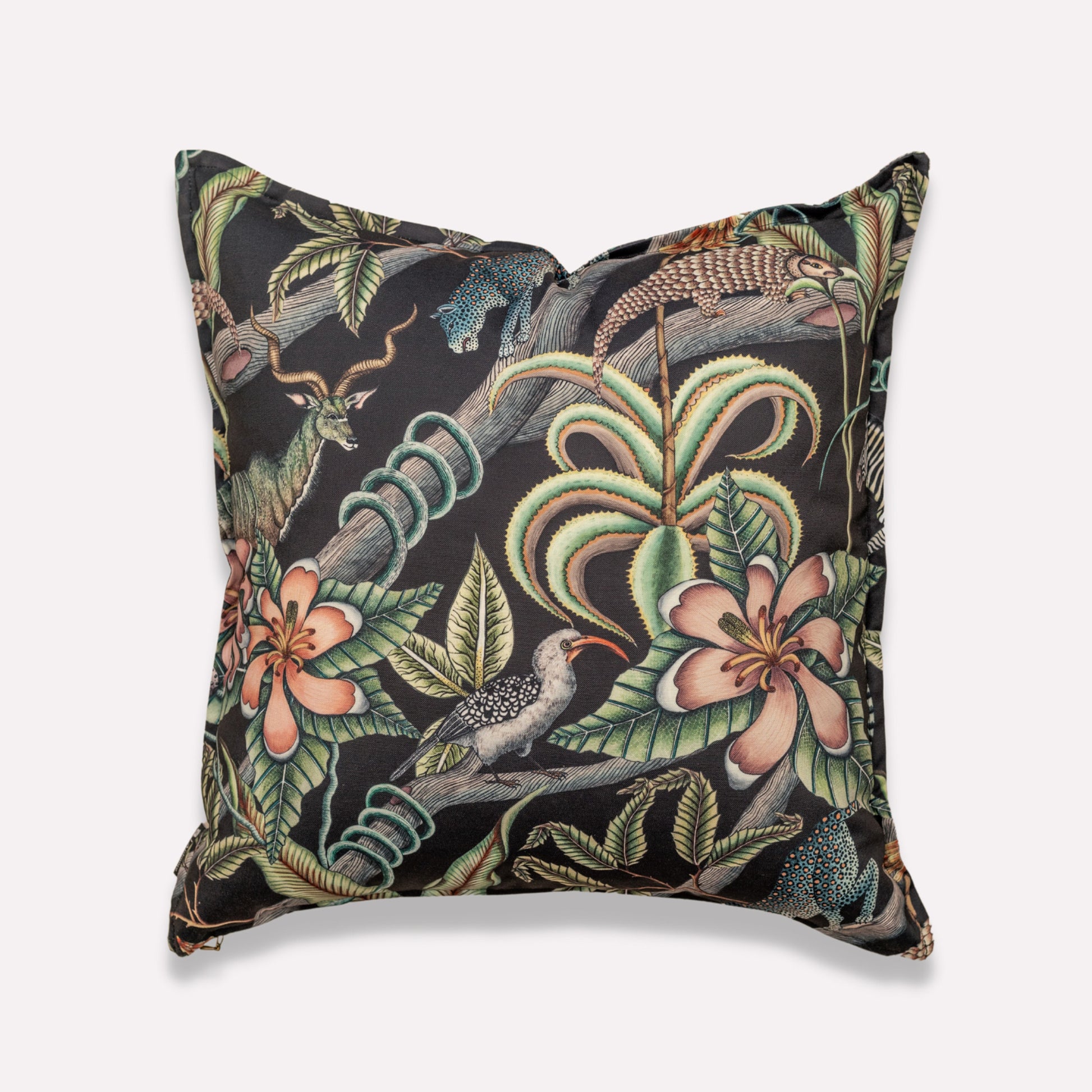 Front view of the Pangolin Park Night Outdoor Cushion Cover, featuring a striking dark background adorned with lush botanical patterns and vibrant flowers.