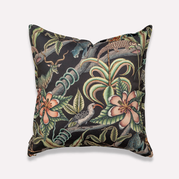 Front view of the Pangolin Park Night Outdoor Cushion Cover, featuring a striking dark background adorned with lush botanical patterns and vibrant flowers.