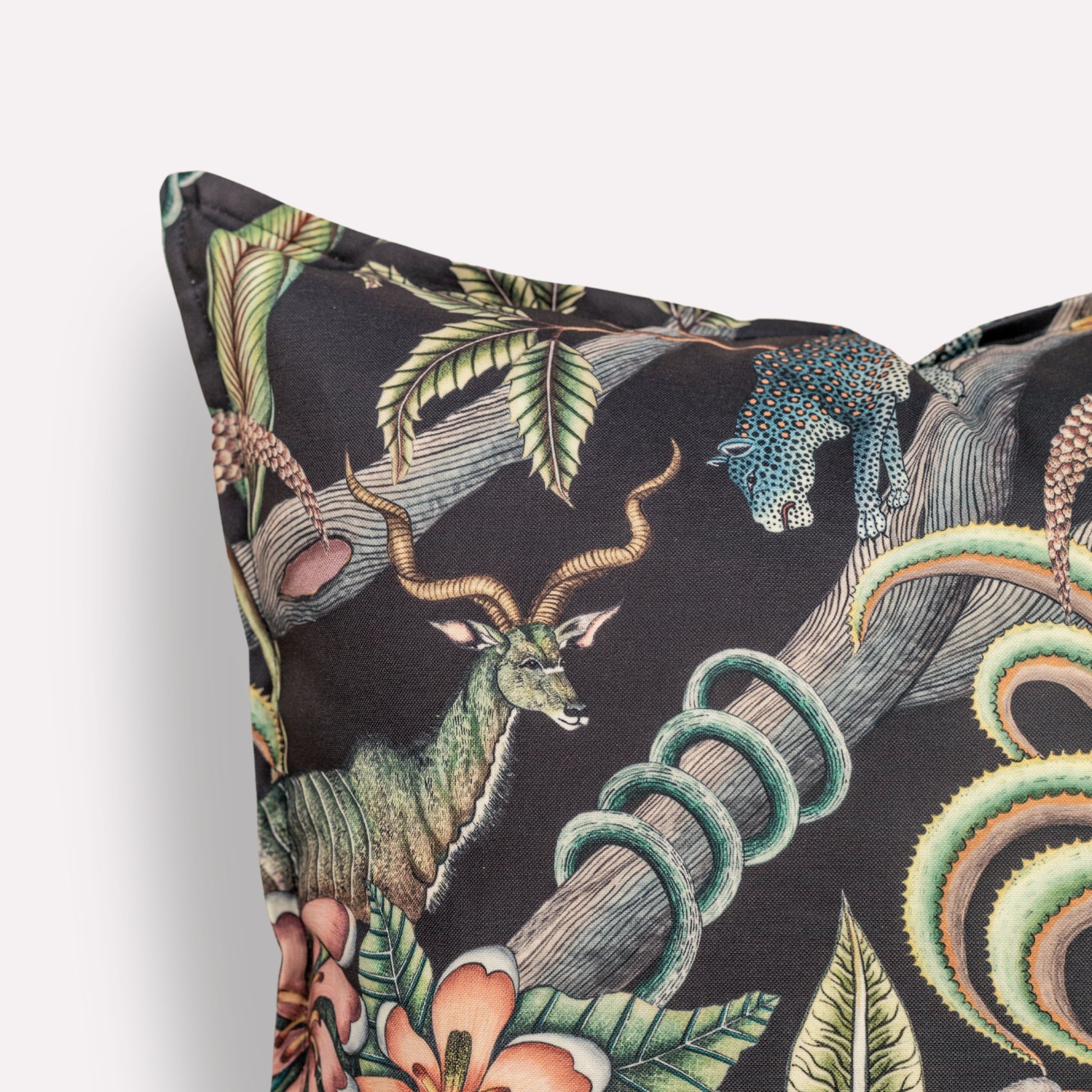 Side view of the Pangolin Park Night Outdoor Cushion Cover, showcasing its elegant double-sided design and seamless craftsmanship.