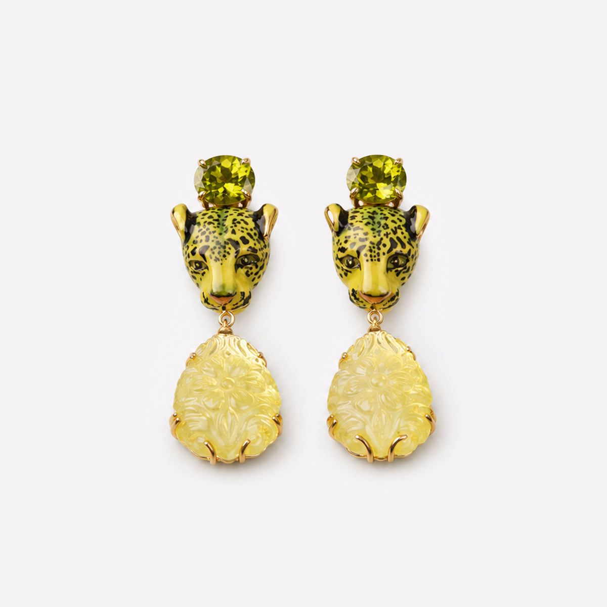 Leopard Green Peridot and Carved Lemon Quartz Earrings