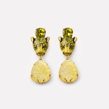 Leopard Green Peridot and Carved Lemon Quartz Earrings