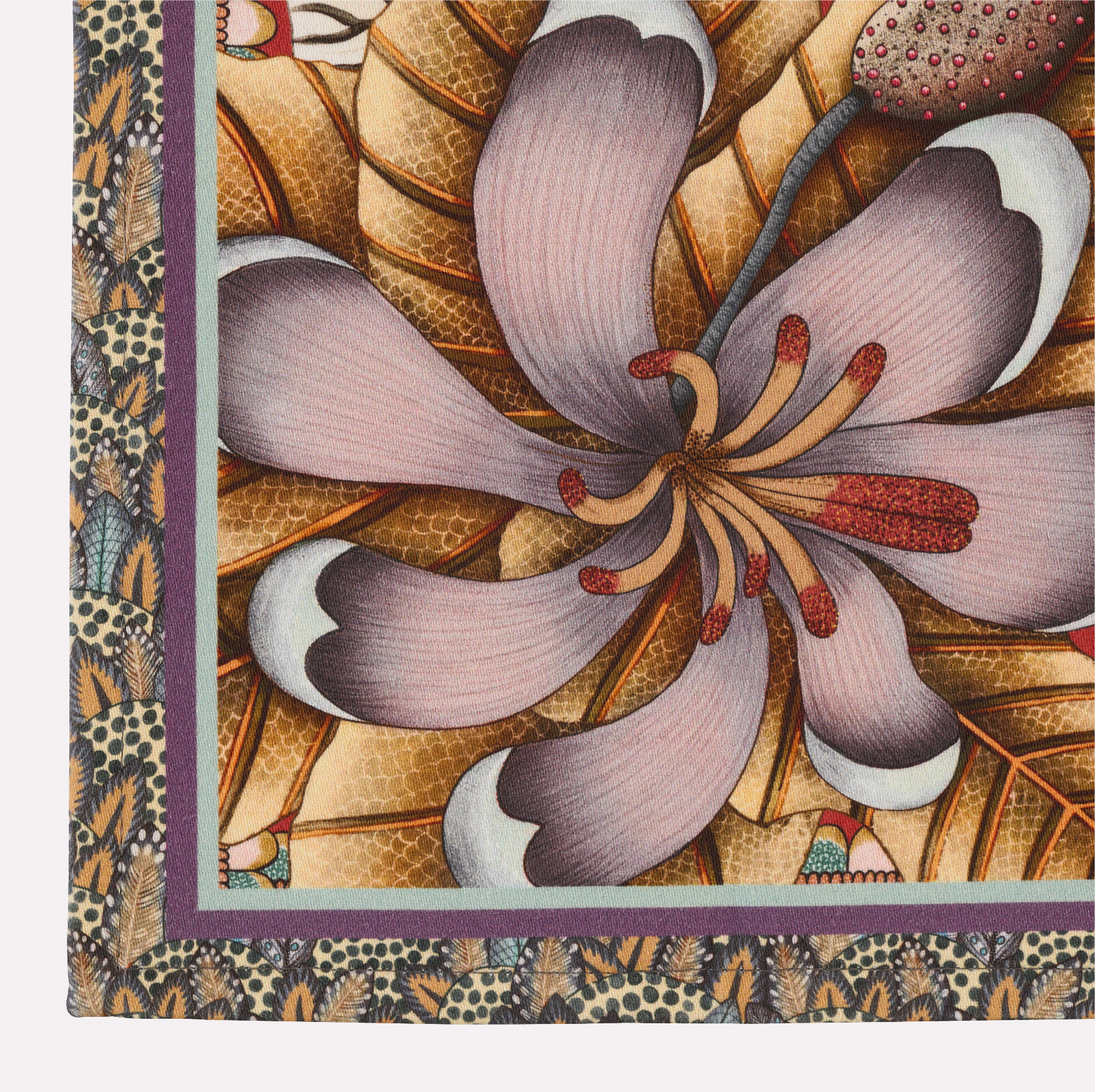 A zoomed-in section of the Ardmore Thanda Stripe Napkin in Royal Red, focusing on the intricate floral elements and the detailed border with African-inspired patterns.