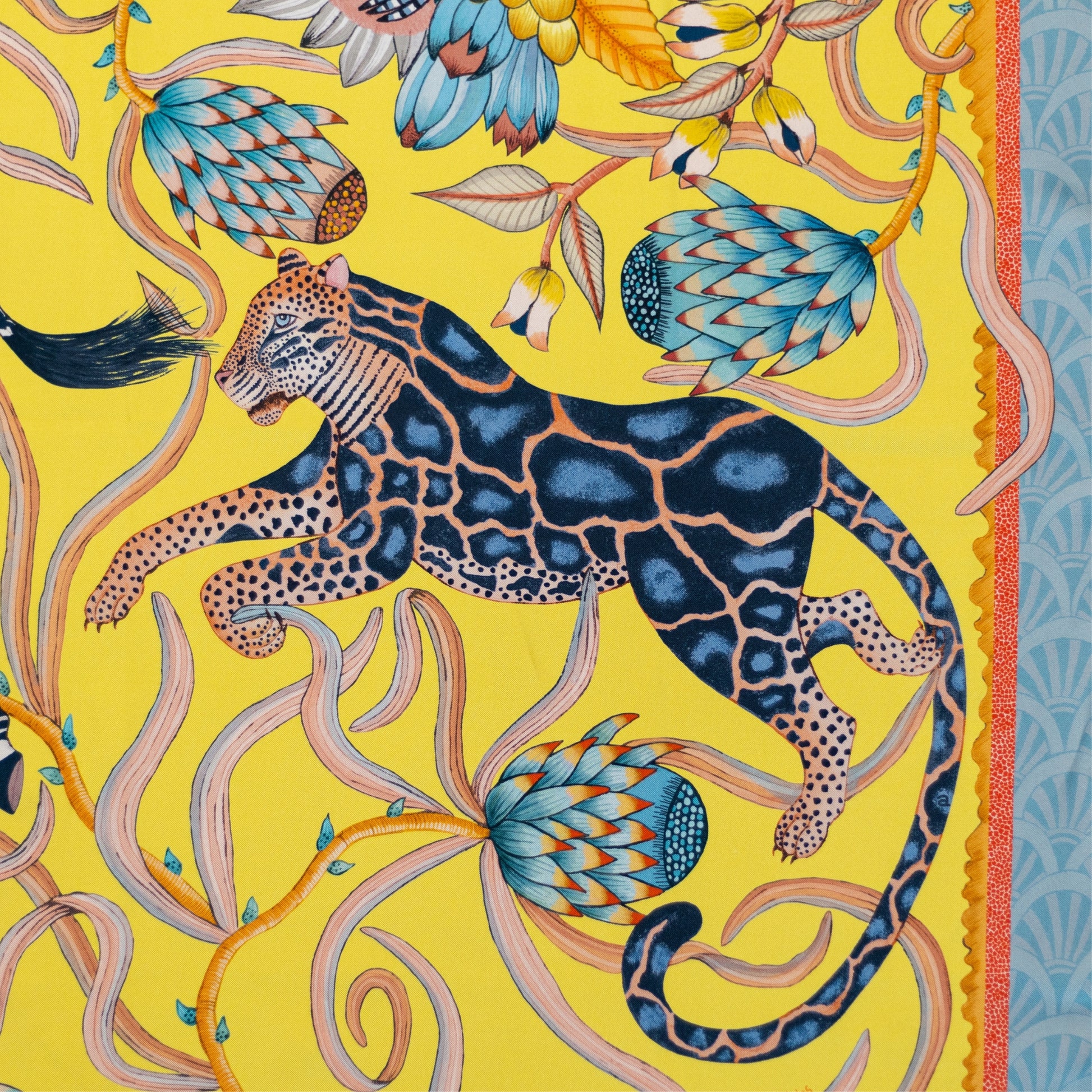 A zoomed-in section capturing a sleek leopard among winding botanical vines, emphasising fine details and contrasting colours.