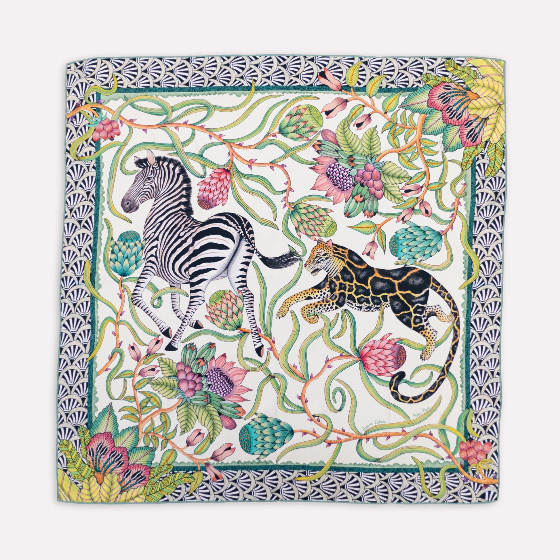 A detailed look at the scarf’s edge, showing the seamless blend of geometric patterns and botanical elements.
