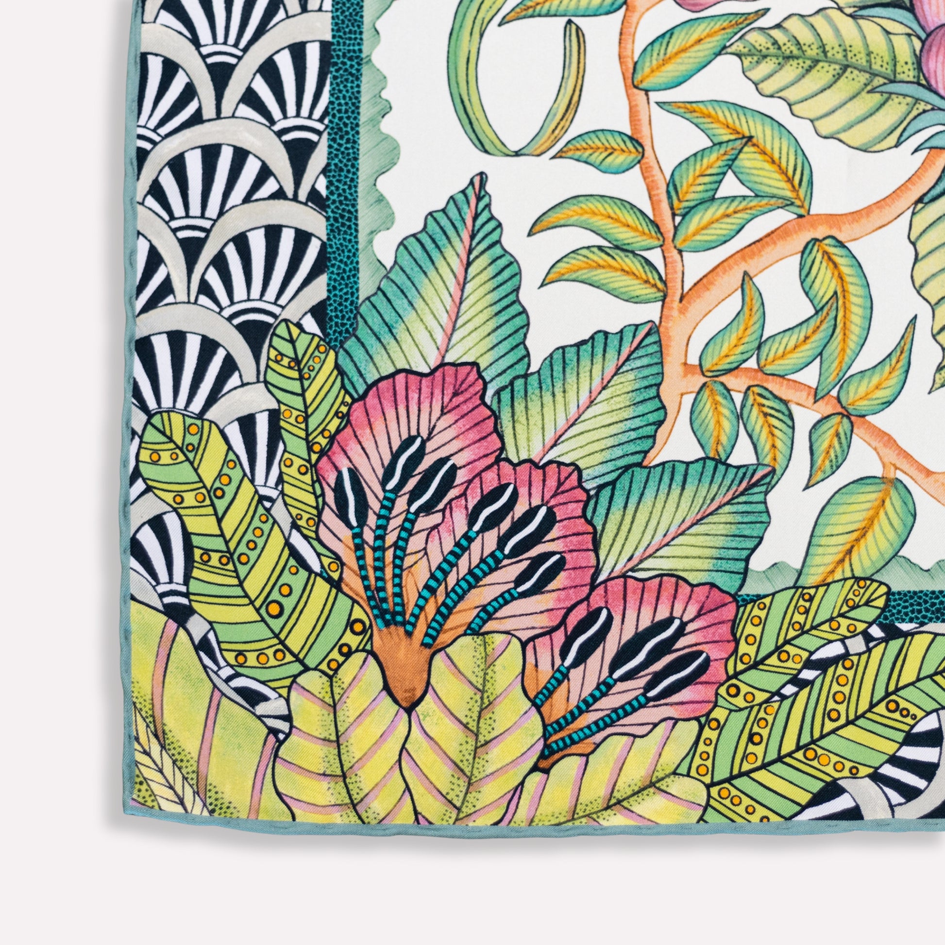 A close-up of a leopard surrounded by lush vines and florals, emphasising the delicate artistry and vibrant colours.