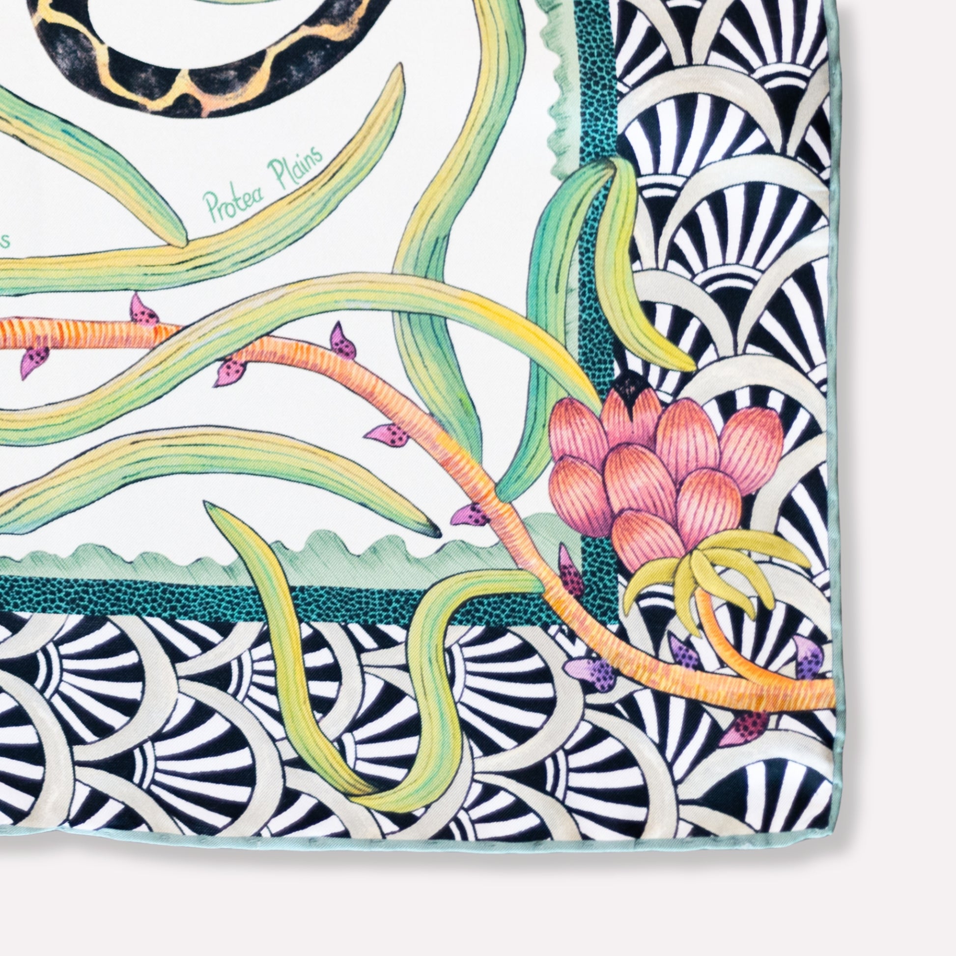 A zoomed-in section highlighting the soft pastel hues and fine detailing of the botanical elements.