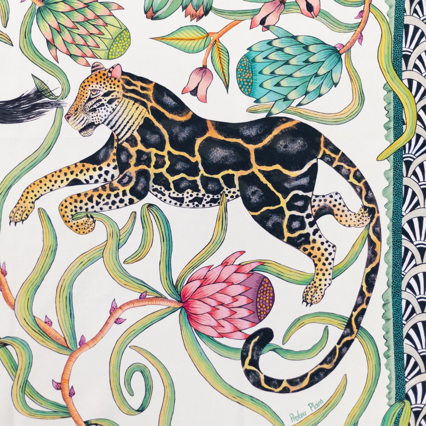 A neatly arranged view of the scarf, showcasing how the intricate artwork is structured within the border for a balanced design.