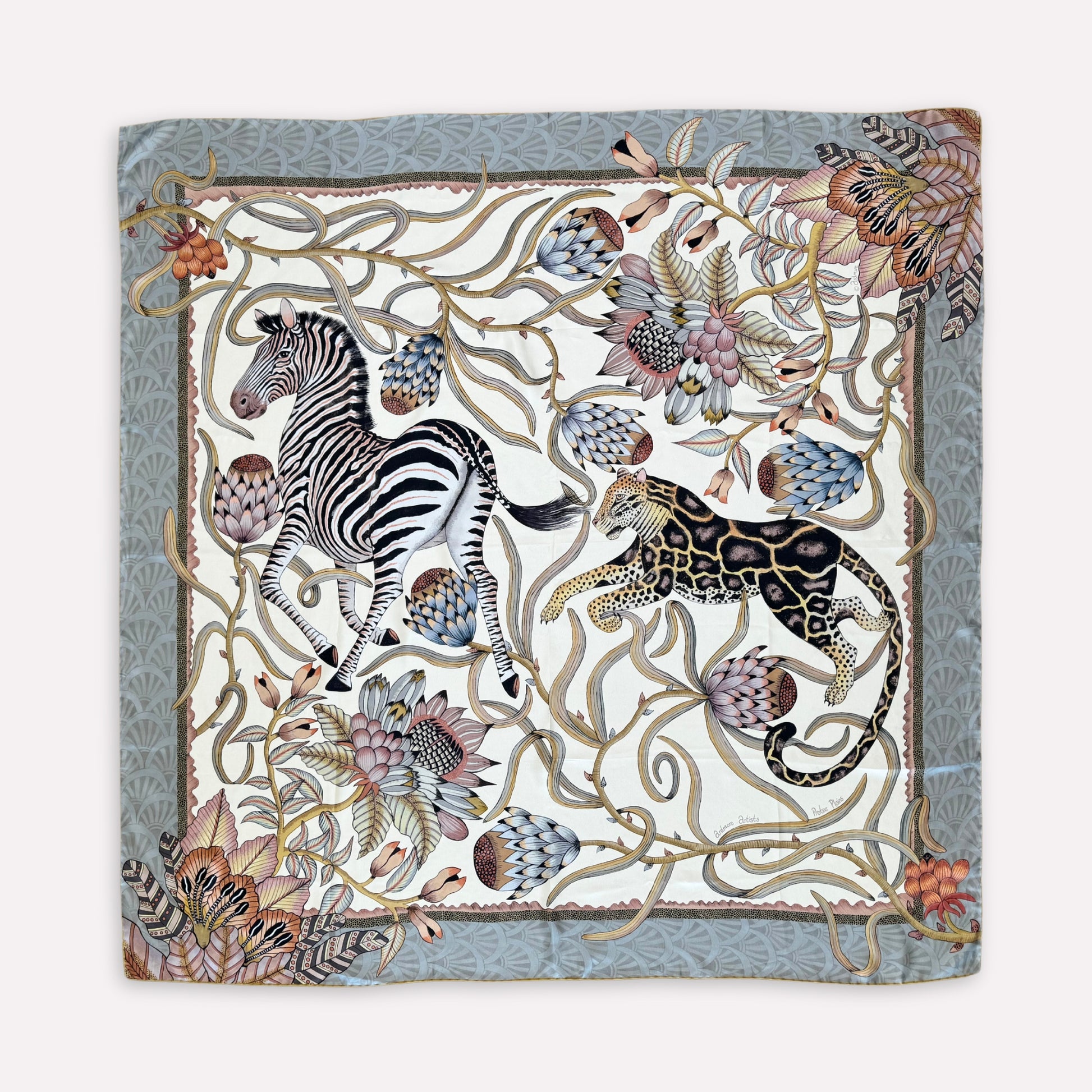 A zoomed-in segment showcasing a zebra against a backdrop of golden protea flowers and intricate vine-like details.