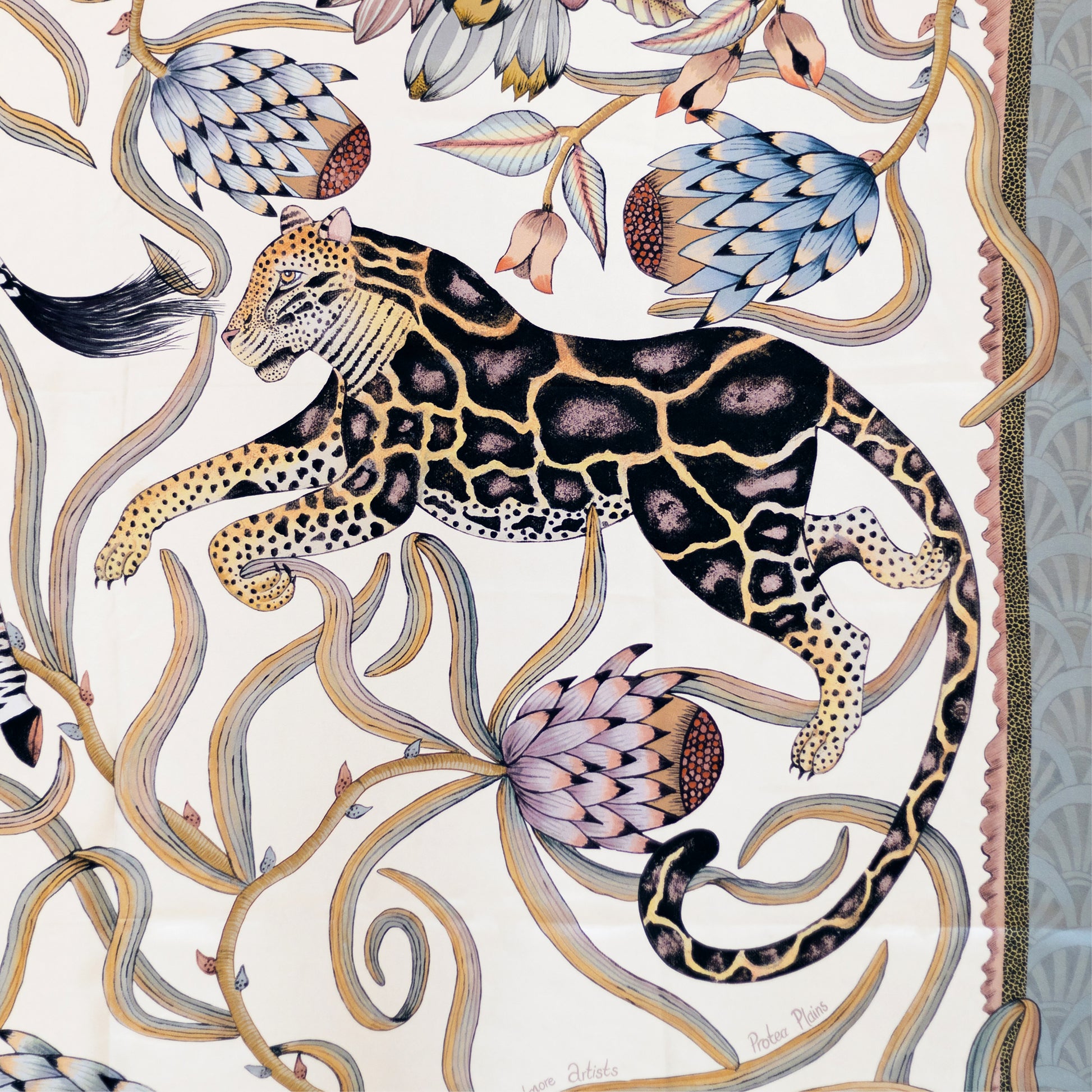 A detailed section capturing a poised leopard among swirling protea vines, emphasising the rich patterns and hand-drawn elegance.