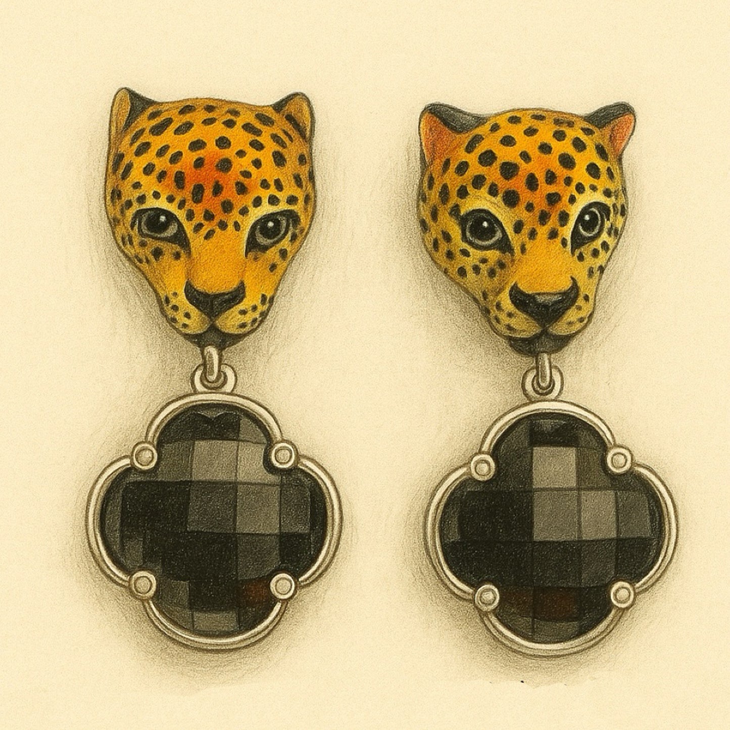 Leopard Black Spinel and Diamond Earrings