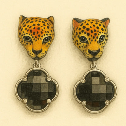 Leopard Black Spinel and Diamond Earrings