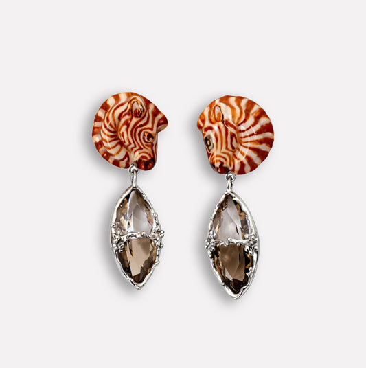 Zebra Smokey Quartz and Crystal Doublet Earrings