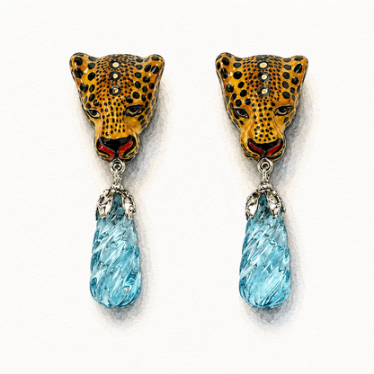 Leopard with Twisty Blue Topaz Drop Earrings