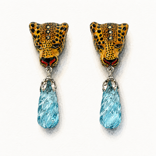 Leopard with Twisty Blue Topaz Drop Earrings