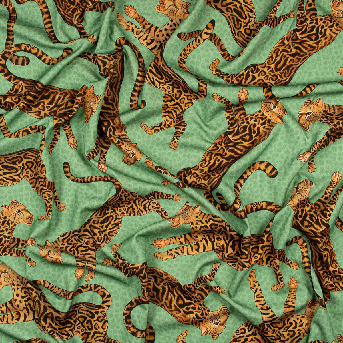 Cheetah Kings Jade Linen Fabric Ardmore Design