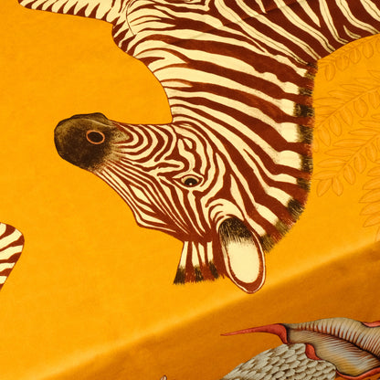 n extreme close-up of a zebra's head, showcasing the fine detailing of its facial markings and the intricacy of the surrounding floral and botanical elements.