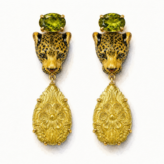 Leopard Green Peridot and Carved Lemon Quartz Earrings